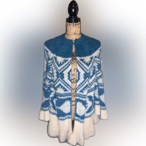 Cobble Lane Soft Cozy Fair Isle  Pattern Ruffle Knit Cardigan Cape Sweater L